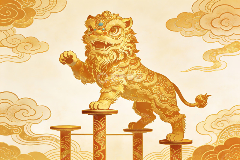 高清大图下载【趣麦麦图】金色瑞兽立柱云端祥云环绕