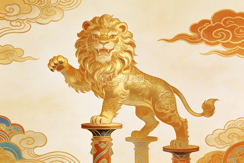 高清大图下载【趣麦麦图】金色狮子立柱祥云图案