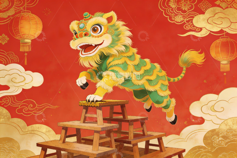 高清大图下载【趣麦麦图】舞狮表演跃上高凳