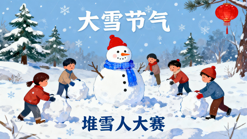 高清大图下载【趣麦麦图】儿童雪地堆雪人欢乐场景