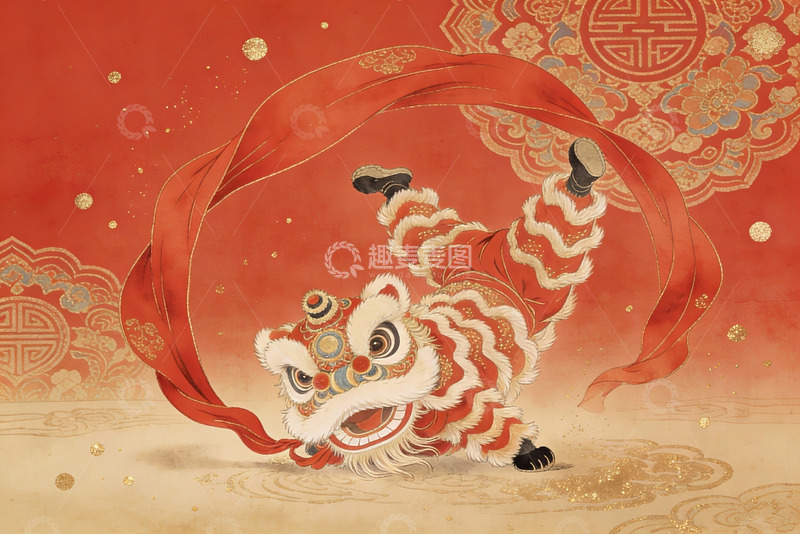高清大图下载【趣麦麦图】红色背景下的舞狮艺术插画