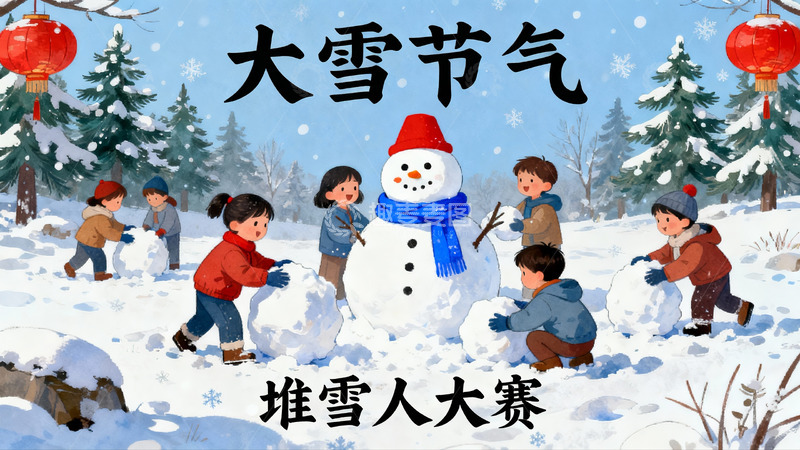 高清大图下载【趣麦麦图】儿童雪地堆雪人欢乐场景