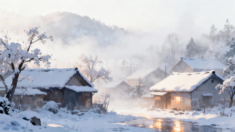 高清大图下载【趣麦麦图】雪后山村晨曦景色
