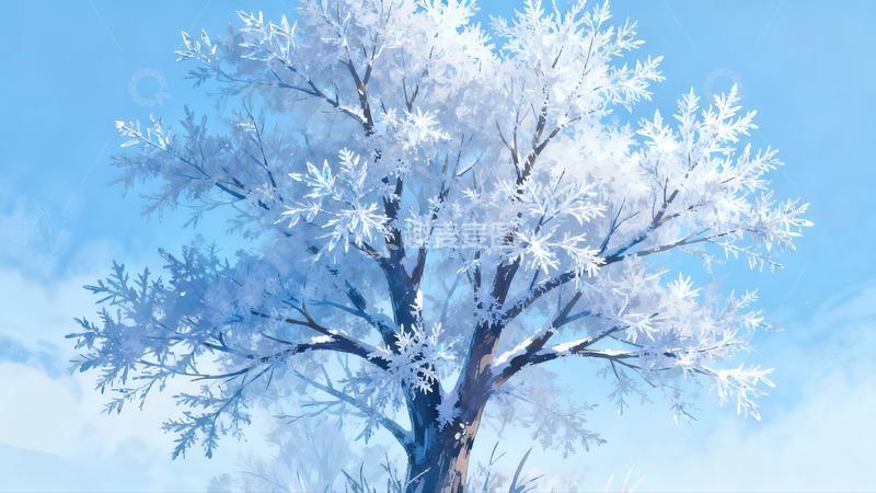 高清大图下载【趣麦麦图】雪覆树枝蓝天映衬冬日景象