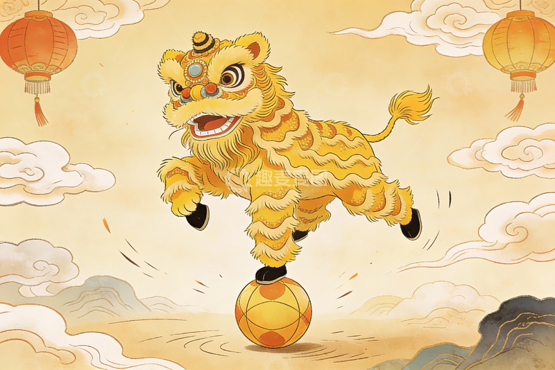 高清大图下载【趣麦麦图】金色舞狮踩球迎祥瑞