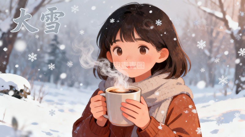 高清大图下载【趣麦麦图】雪景中女子手持热饮