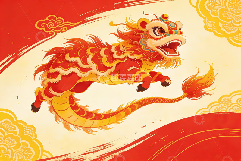 高清大图下载【趣麦麦图】红色舞狮图案充满节日气氛