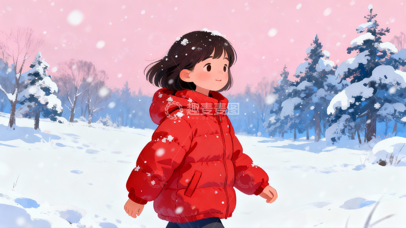 高清大图下载【趣麦麦图】雪地红衣女孩漫步冬日森林