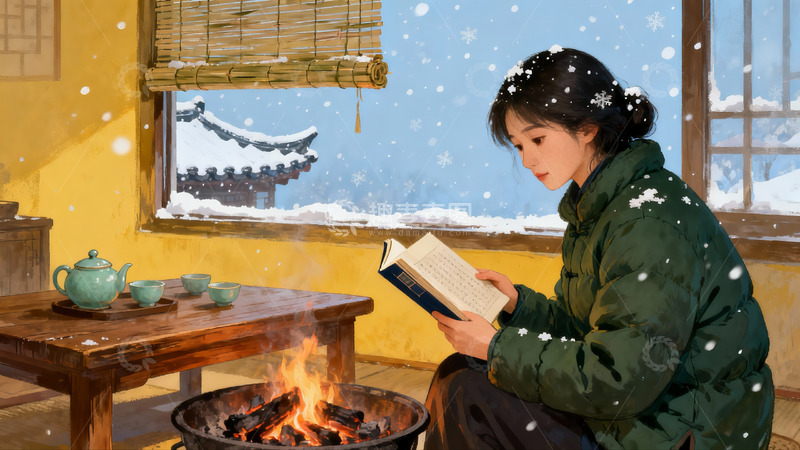 高清大图下载【趣麦麦图】雪夜室内读书静景