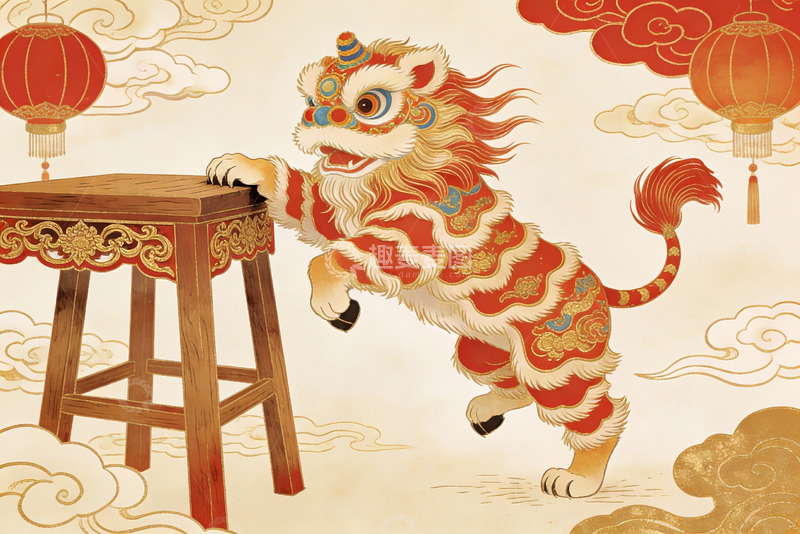 高清大图下载【趣麦麦图】舞狮图腾跃凳旁