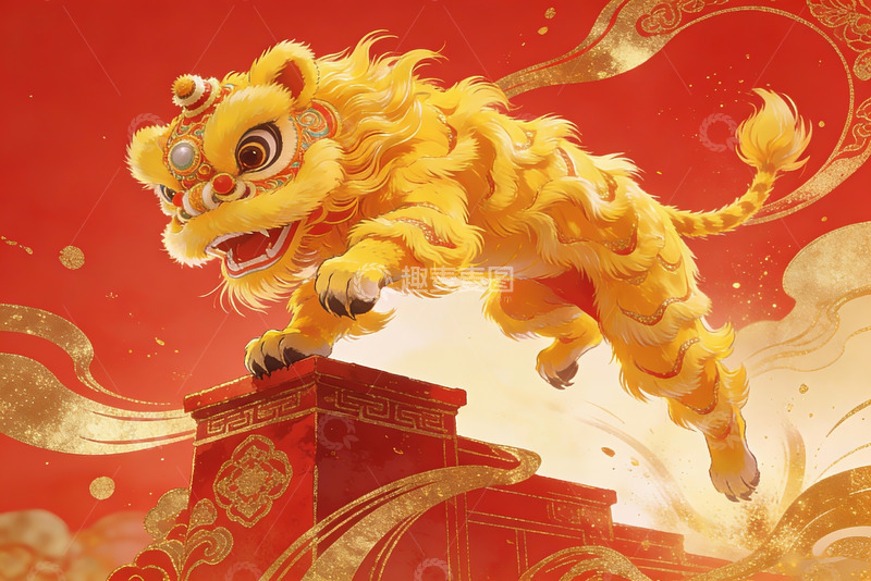 高清大图下载【趣麦麦图】-金色舞狮跃于红墙之上
