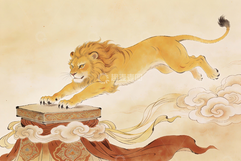 高清大图下载【趣麦麦图】古风狮子跃柱云间图