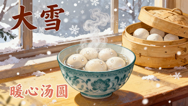 雪天窗边热汤圆