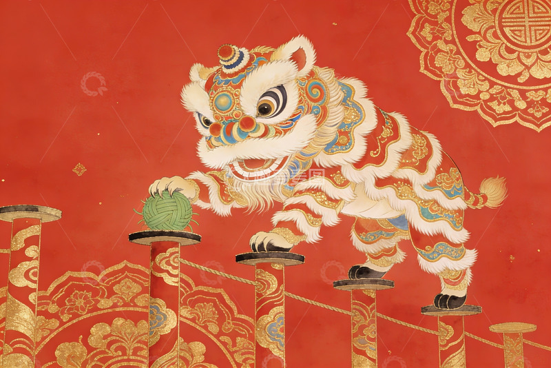 高清大图下载【趣麦麦图】红色背景下的舞狮图案