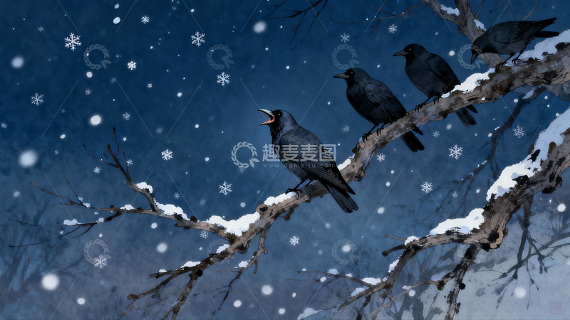 高清大图下载【趣麦麦图】雪夜树枝上的乌鸦群