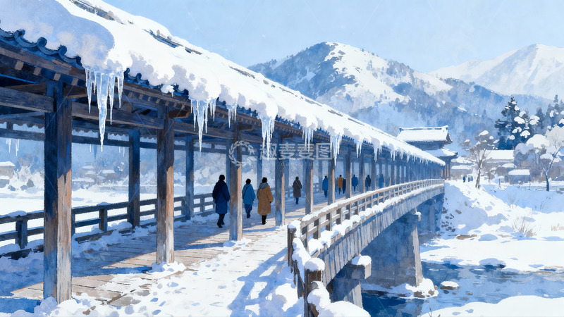 高清大图下载【趣麦麦图】雪景长桥行人图