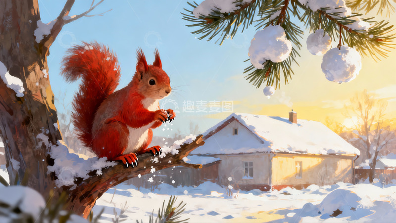 高清大图下载【趣麦麦图】雪中松鼠栖息树枝冬日景象