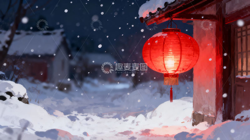 高清大图下载【趣麦麦图】雪夜红灯笼映古屋