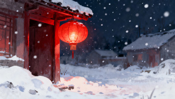 雪夜古屋红灯笼