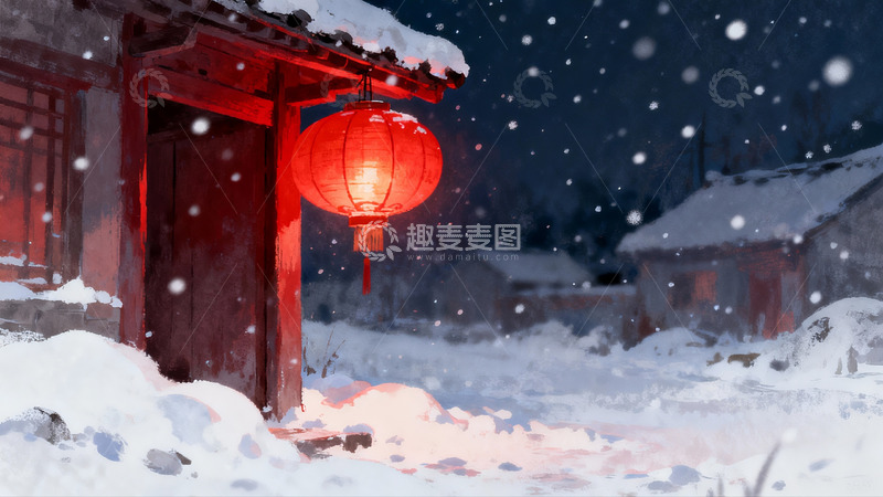 高清大图下载【趣麦麦图】雪夜古屋红灯笼