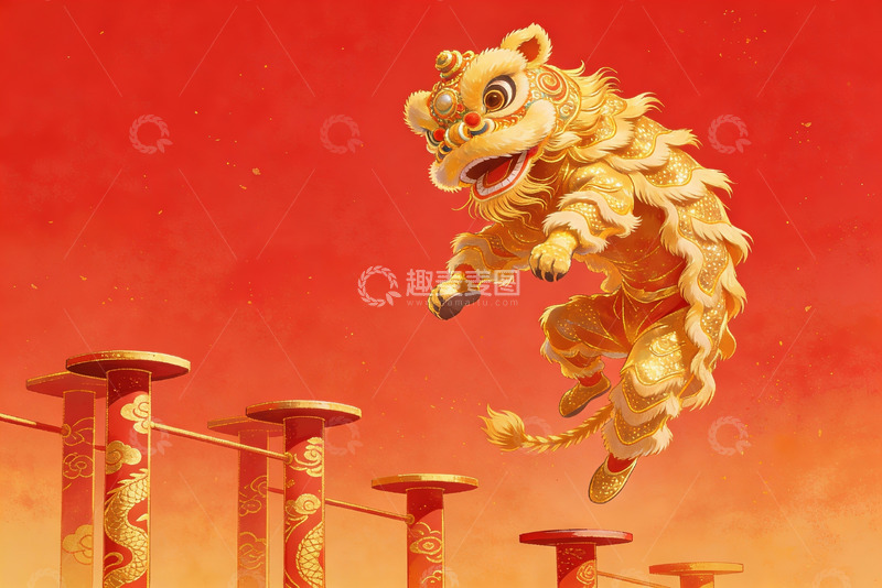 高清大图下载【趣麦麦图】金色舞狮跃于红色背景之上