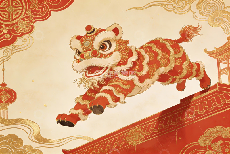 高清大图下载【趣麦麦图】中国传统舞狮艺术插画