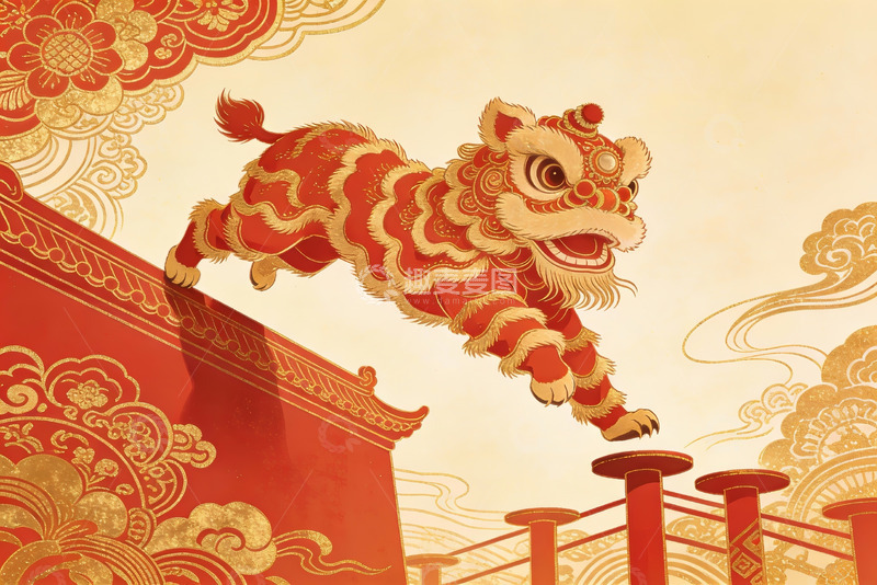 高清大图下载【趣麦麦图】红色舞狮跃上屋檐