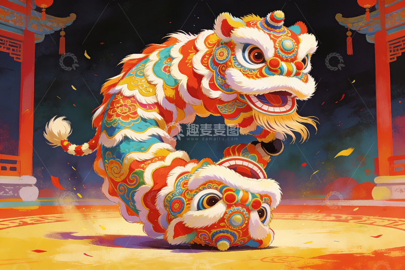 高清大图下载【趣麦麦图】色彩斑斓的舞狮表演
