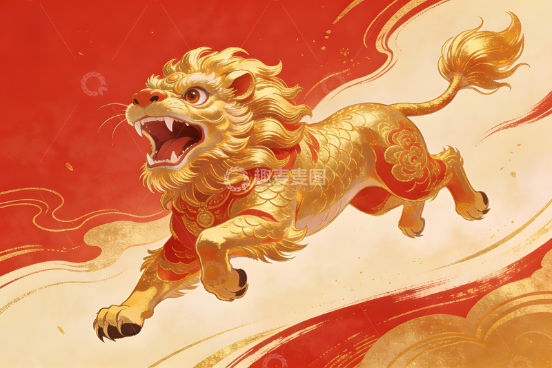 高清大图下载【趣麦麦图】金色神兽跃动祥云之上