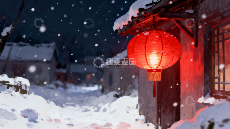 高清大图下载【趣麦麦图】雪夜古巷红灯笼