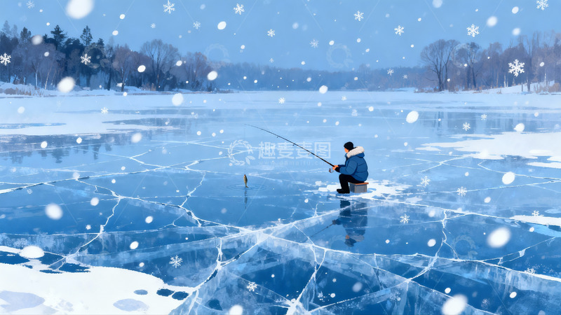 高清大图下载【趣麦麦图】冰钓者雪中垂钓
