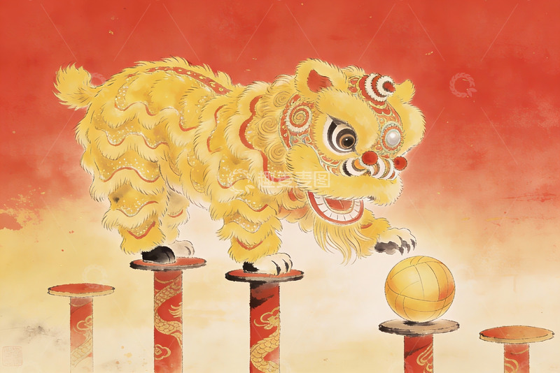 高清大图下载【趣麦麦图】金色舞狮踩桩戏球迎新春