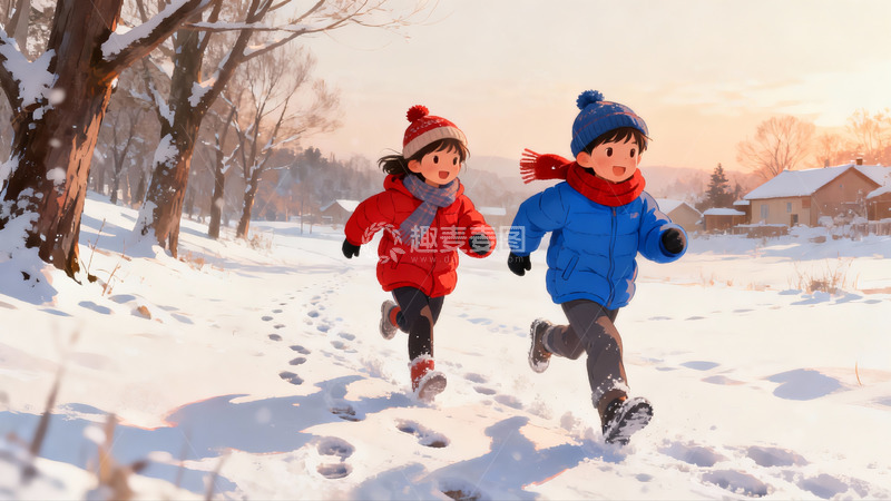 高清大图下载【趣麦麦图】雪地奔跑的孩童冬日欢乐