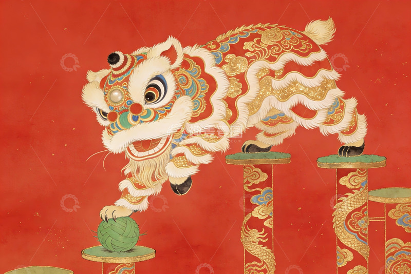 高清大图下载【趣麦麦图】红色背景下的舞狮图案