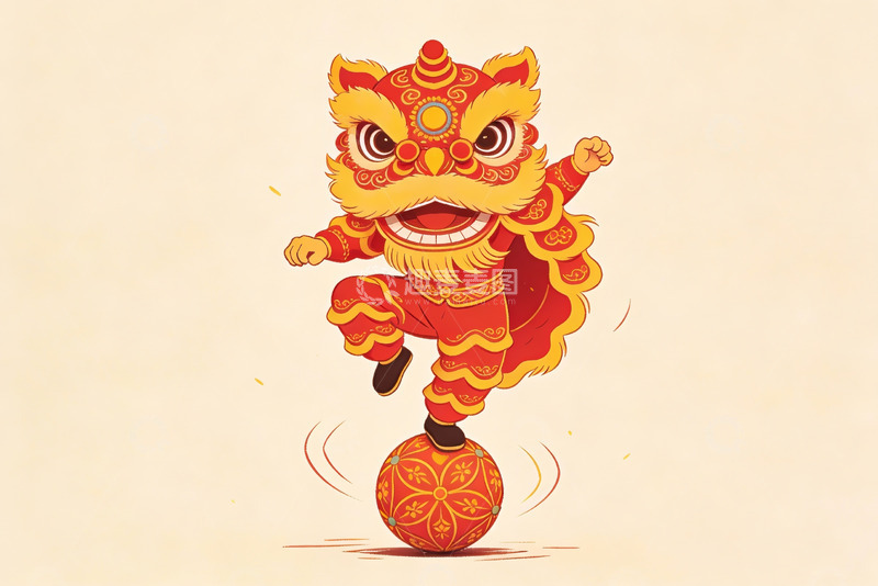 高清大图下载【趣麦麦图】舞狮踩球卡通形象
