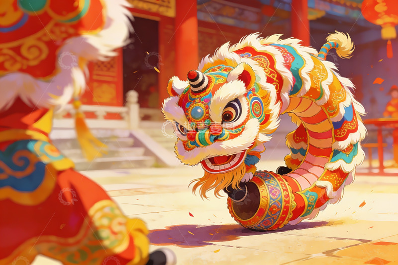 高清大图下载【趣麦麦图】中国传统舞狮表演生动场景