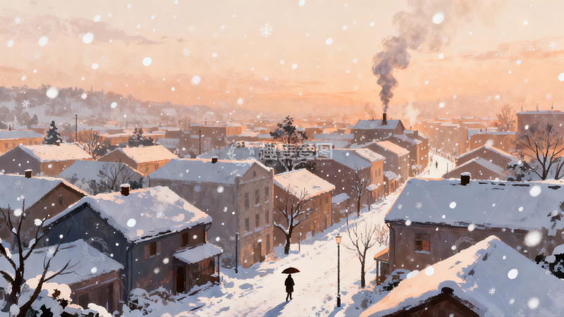 高清大图下载【趣麦麦图】雪中小镇黄昏行人独行