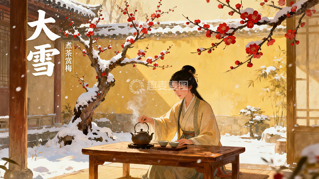 雪中古装女子煮茶赏梅