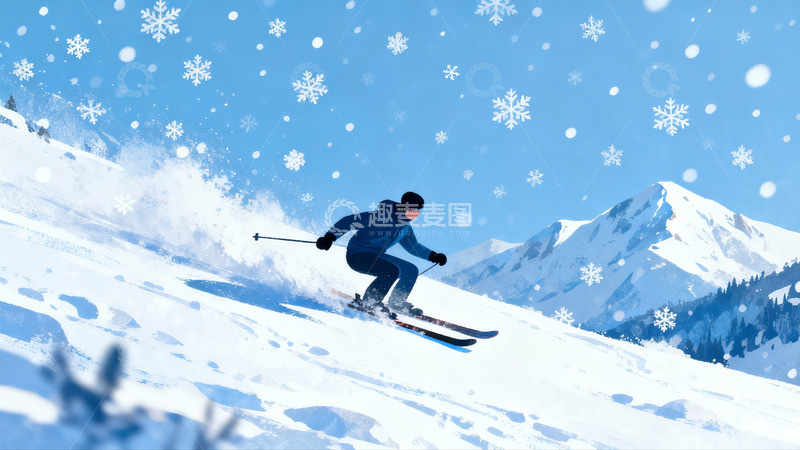 高清大图下载【趣麦麦图】雪地滑雪者疾驰而下