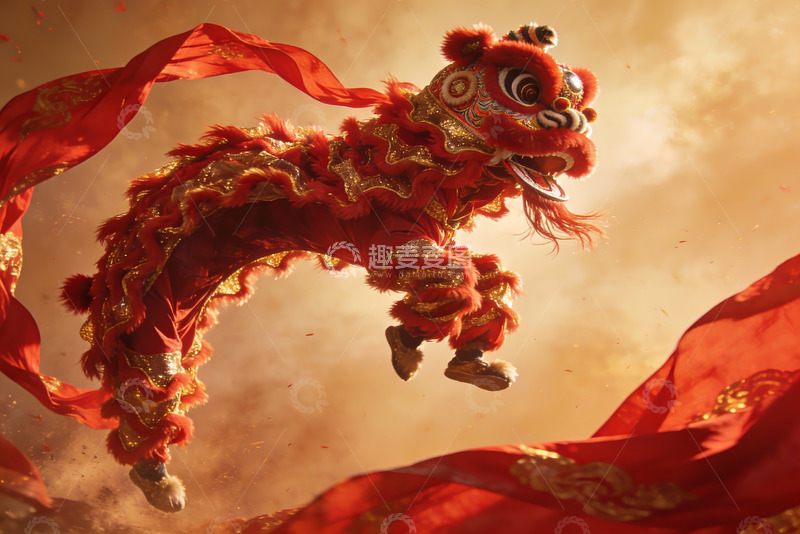 高清大图下载【趣麦麦图】红色舞狮空中飞跃表演