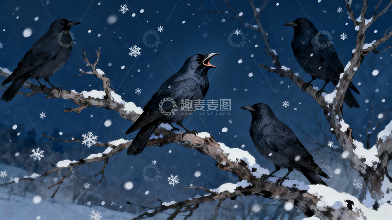 高清大图下载【趣麦麦图】雪夜树枝上的四只乌鸦