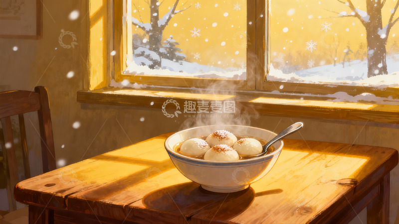 高清大图下载【趣麦麦图】冬日暖阳窗边热汤圆