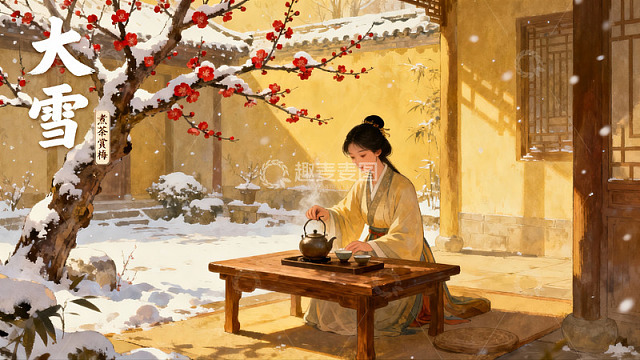 雪中庭院女子煮茶图
