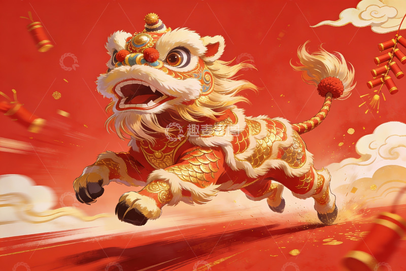 高清大图下载【趣麦麦图】舞狮奔腾迎新春