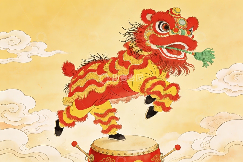 高清大图下载【趣麦麦图】舞狮踩鼓云端起舞