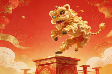 金色舞狮跃于红台之上