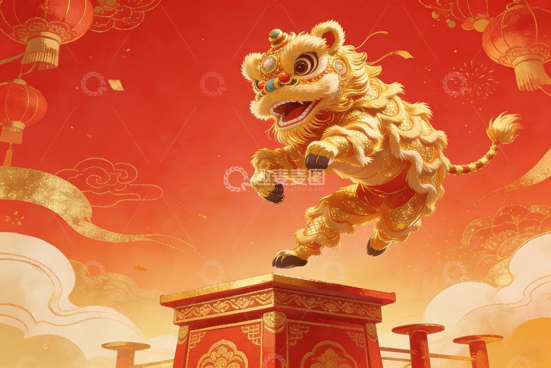 高清大图下载【趣麦麦图】金色舞狮跃于红台之上