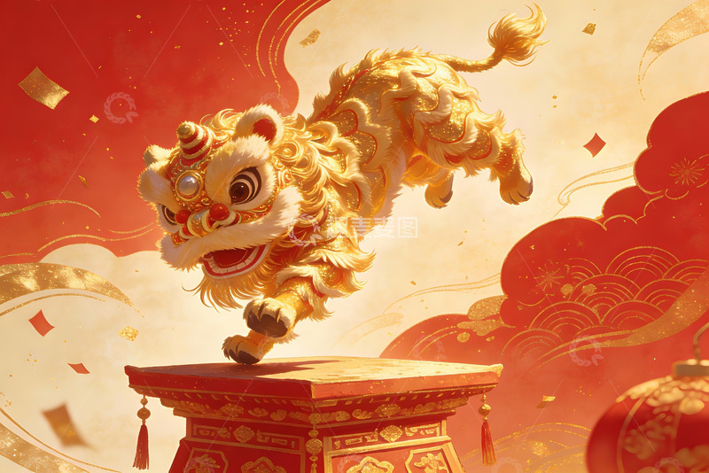 高清大图下载【趣麦麦图】金色舞狮跃上宝座喜庆氛围浓厚