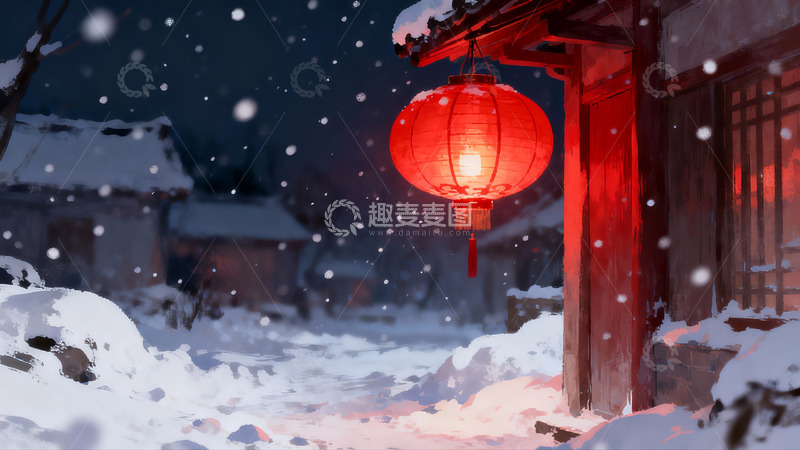 高清大图下载【趣麦麦图】雪夜红灯笼照亮古村