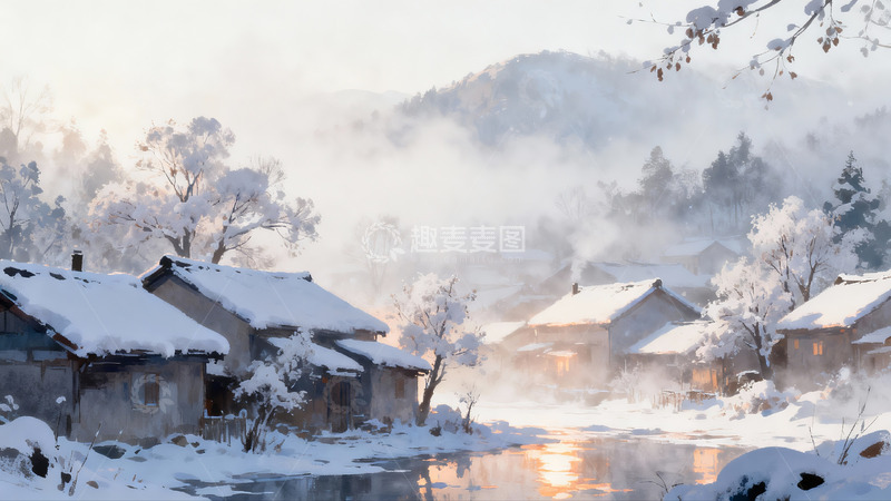 高清大图下载【趣麦麦图】雪后山村晨雾缭绕
